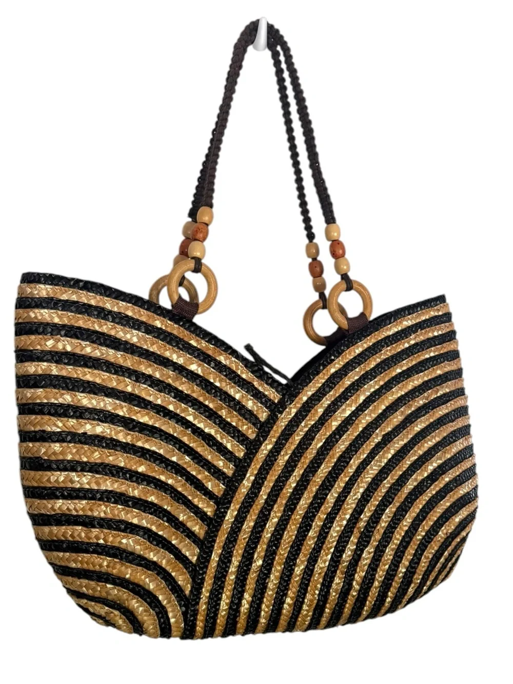 Woven Straw Tote Shoulder Bag in Black and Natural - Picture 5 of 6